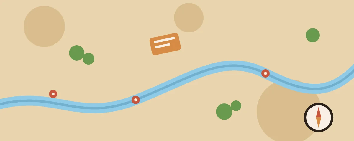 Hand-drawn map of a winding river with camp markers and a compass